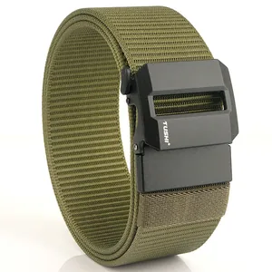 Army green tactical nylon canvas belt with black quick release buckle on white background