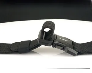 Close-up of tactical nylon belt with quick release aluminum buckle and TUSHI logo