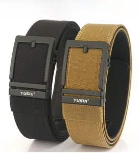 Detail of tactical double-layer nylon belt showing built-in PE film and alloy buckle