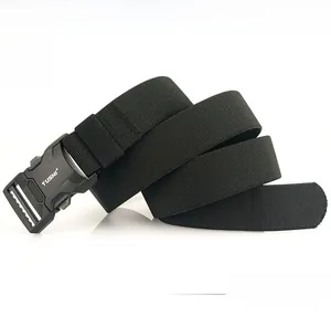 Close-up of thick nylon tactical belt with a quick-release aluminum alloy buckle