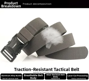 Detail of durable tactical nylon belt with quick-release aluminum alloy buckle and laser-cut tip
