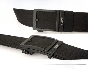 Close-up of black tactical nylon belt with matte metal automatic buckle detail