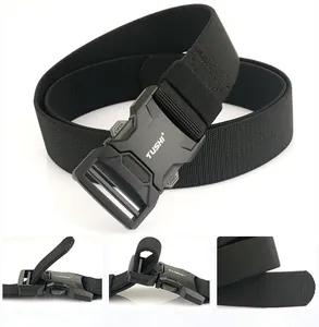 Detail view of black nylon tactical belt with quick-release aluminum alloy buckle and logo