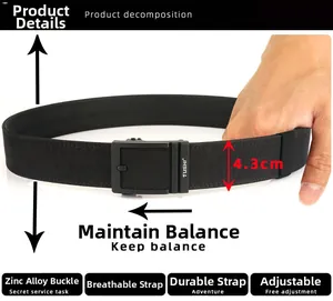 Detail of 4.3cm wide nylon tactical belt featuring a zinc alloy buckle and breathable weave