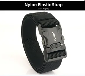 Close-up of black tactical nylon elastic belt with quick-release matte buckle details