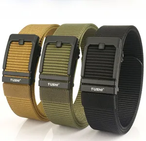 Detailed view of tactical nylon belts in khaki, army green, and black with automatic buckles