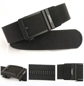 Detailed macro of black nylon tactical belt with automatic metal buckle and TUSHI logo