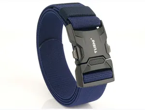 Close-up of the TUSHI quick-release buckle and navy nylon woven tactical belt texture