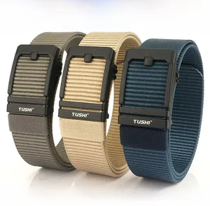Detailed comparison of gray, khaki and blue nylon tactical belts with zinc alloy buckles