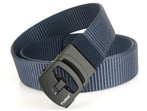 Close-up of navy blue nylon woven belt with black automatic buckle featuring TUSHI logo