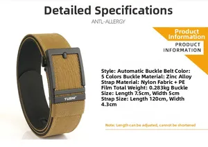 Detail of khaki nylon tactical belt with zinc alloy automatic buckle and PE reinforced layer