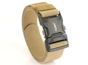 Detail view of khaki tactical nylon belt with durable quick-release buckle and engraving