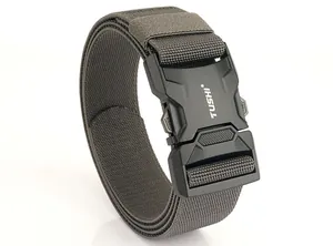 Detailed close-up of quick release aluminum alloy tactical belt buckle with nylon webbing