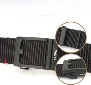 Detail view of 4.3cm tactical nylon belt with automatic buckle and no-hole adjustment
