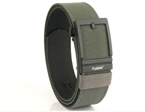 Close-up of the durable olive green nylon tactical belt with matte black automatic buckle