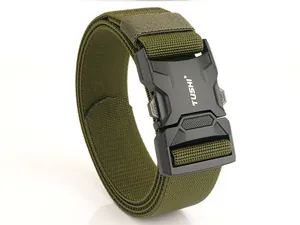 Detailed view of the quick-release buckle on a green tactical nylon belt for outdoor use