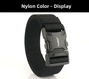 Detail of tactical nylon belt with quick release buckle showing weave texture and clasp