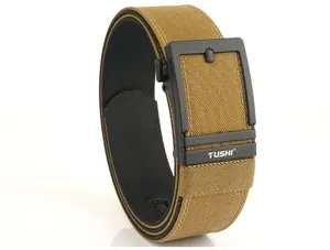 Macro detail of khaki nylon tactical belt with black metal automatic buckle