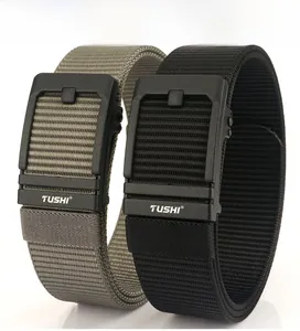 Detail view of khaki and black tactical nylon belts with matte automatic buckles