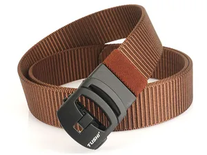 Detail of brown nylon woven belt texture with black automatic buckle on white background