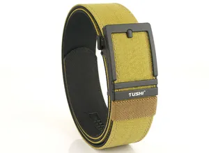 Detail of olive green nylon tactical belt with matte black TUSHI automatic buckle