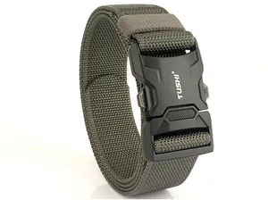 Close-up of military green tactical nylon belt featuring a quick-release buckle with TUSHI logo