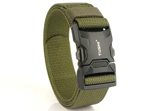 Detailed macro view of military green tactical nylon belt with black quick-release buckle