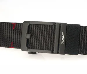 Macro detail of 4.3cm nylon tactical belt showing zinc alloy quick release buckle