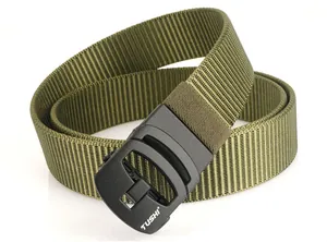 Detailed view of army green nylon tactical belt with black automatic buckle and brand logo