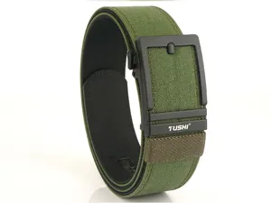 Close-up of olive green tactical nylon belt with black automatic buckle and brand logo