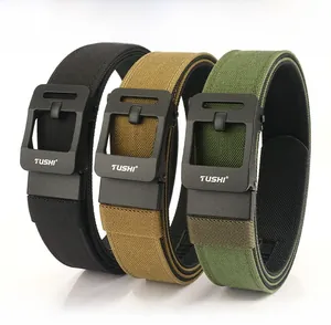 Detail view of three nylon tactical belts with matte black zinc alloy automatic buckles