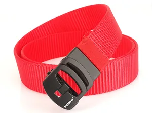 Detail of red nylon woven belt with matte black automatic buckle and TUSHI logo branding