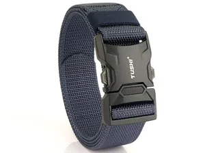 Detail of navy nylon tactical belt with black quick-release buckle and TUSHI logo