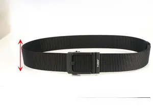 Detail view of 4.3cm wide black nylon tactical belt with a metallic automatic buckle