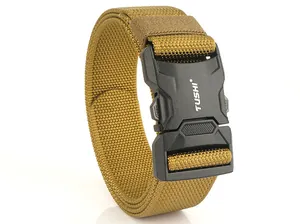 Detailed view of heavy-duty nylon tactical belt with quick-release buckle and TUSHI logo