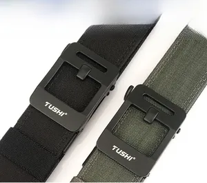 Detail of heavy-duty tactical nylon belts with matte metal buckle in black and army green