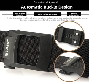Detail of 3.8cm nylon tactical belt showing automatic buckle and hole-less adjustable strap