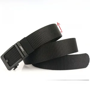 Detail shot of 4.3cm wide black tactical belt with thick nylon strap and buckle