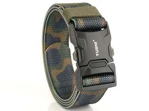 Detail of durable tactical camo belt with quick-release alloy buckle and nylon weave
