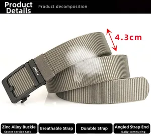 Detail of 4.3cm nylon tactical belt showing zinc alloy buckle and breathable weave