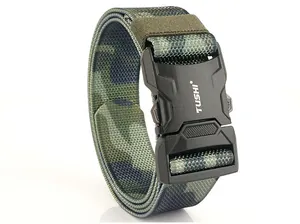 Detail of camouflaged nylon tactical belt with a quick-release black matte buckle