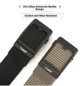Detail of zinc alloy automatic buckle and anti-scratch nylon fabric on tactical belts