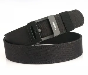 Detail of matte black zinc alloy buckle and textured nylon tactical outdoor belt