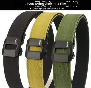 Detailed macro view of 1100D nylon tactical belts in black, khaki and army green colors