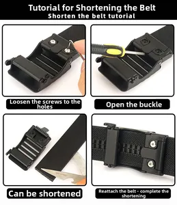Guide showing how to cut and adjust the length of the black nylon tactical belt strap