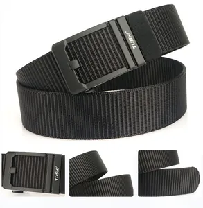 Close-up of black tactical nylon belt with matte metal buckle and woven texture details