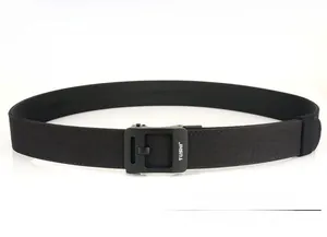 Detail of black tactical nylon belt featuring a metal quick release automatic buckle
