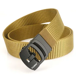 Tactical khaki nylon woven belt with matte black automatic buckle and brand logo
