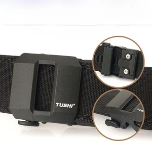 Detail of matte black automatic buckle and nylon tactical belt with dual-layer webbing