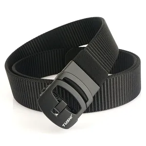 Black nylon tactical belt for men with matte automatic buckle and TUSHI brand logo